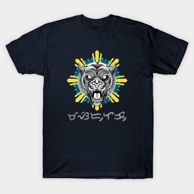 Philippine Sun Tribal line Art Tiger / Baybayin word Masidlak (Shining very Bright) T-Shirt by Pirma Pinas